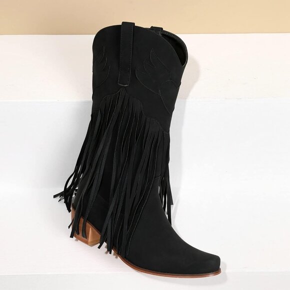 Women's Black Fringe Cowboy Boots Square Toe Mid Calf Embroidered Western Boots - Picture 6 of 6
